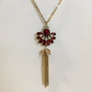 Red Pendant Flower Pedals Necklace Clear Rhinestones Gold Tone Metal Chain Drop